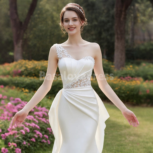 BWD00031 One Shoulder Lace Applique Illusion Tulle Satin Mermaid Wedding Dress with Ruffles