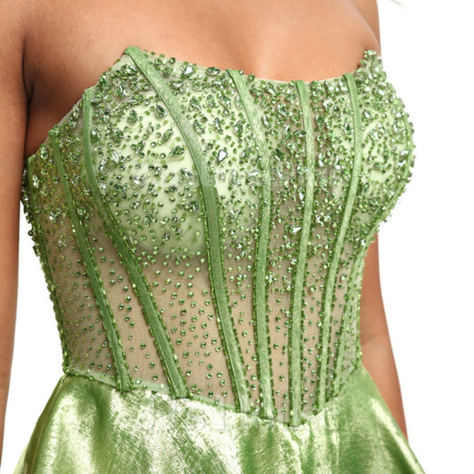 BDES00043 Green A-line Scoop Sweep Train Metallic Prom Dresses With Rhinestone Beading