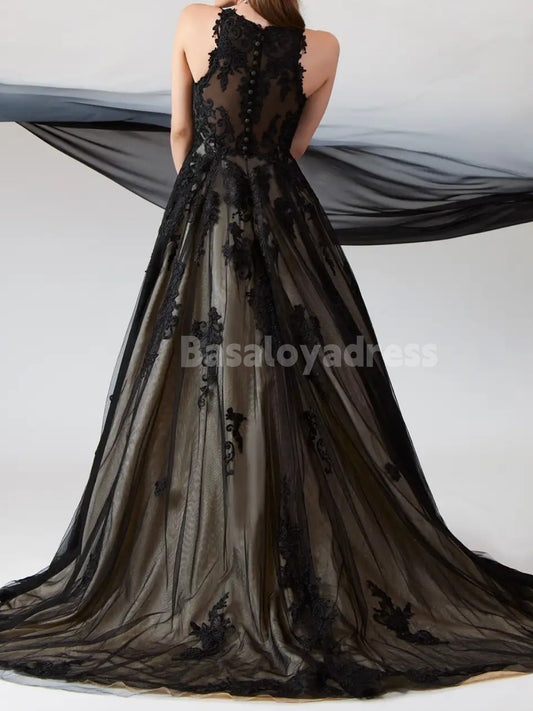 BWD00052 Black Champagne A-Line Round Neck Sleeveless Lace Applique Dress Gothic Tulle Wedding Gown