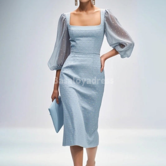 BDES00014 Sky Blue Square Neck Casual Semi-Formal Puff Sleeve Midi Dress with Pearls
