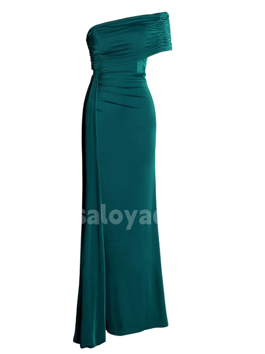 BDES00089 Maxi Green One Shoulder Wedding Guest Dress Sleeveless Pleated Prom Dress Evening Dress