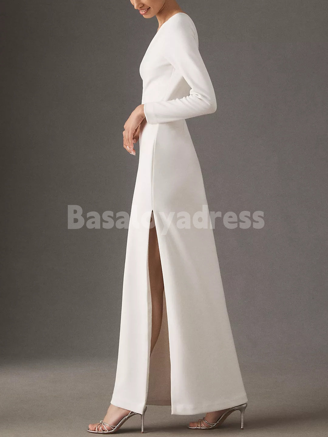 BWD00065 One-Shoulder Soft Satin Long Sleeve Split Tunic Dress
