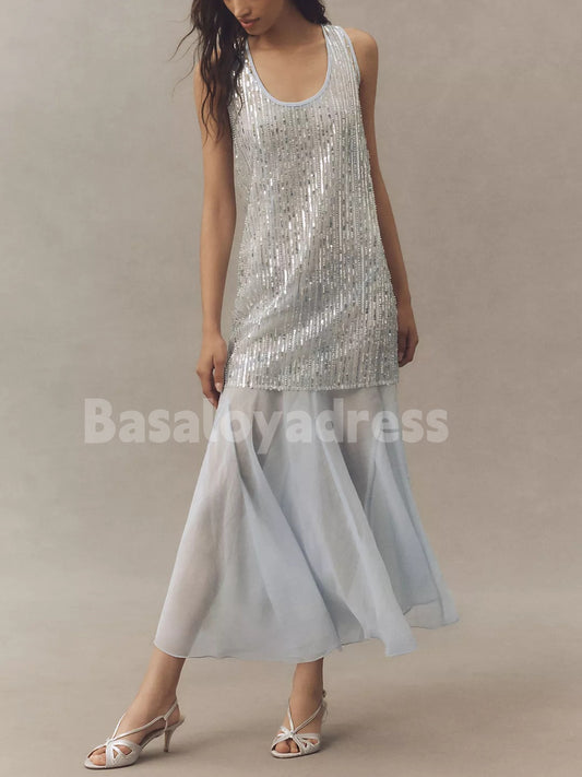 BDES00123 Loose Scoop Neck Sleeveless Sparkle Sequin Chiffon Tunic Dress