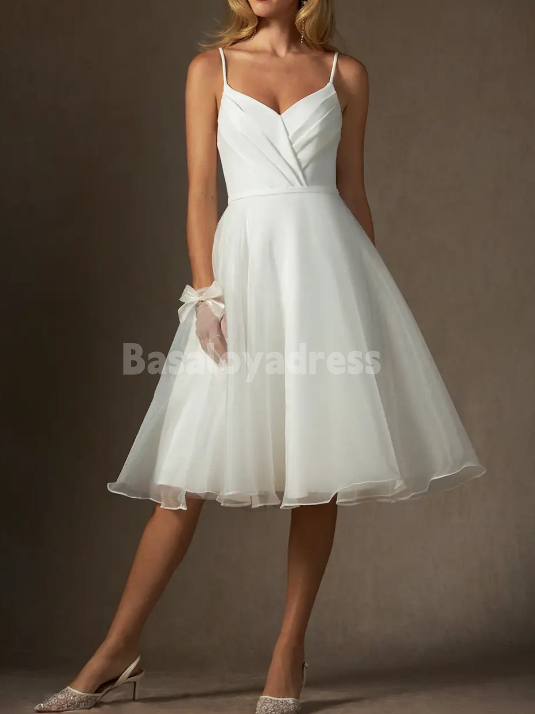 BWD00058 Light Ivory A-Line V-Neck Pleated Stretch Crepe Tulle Prom Dress Little White Knee-Length Wedding Dress