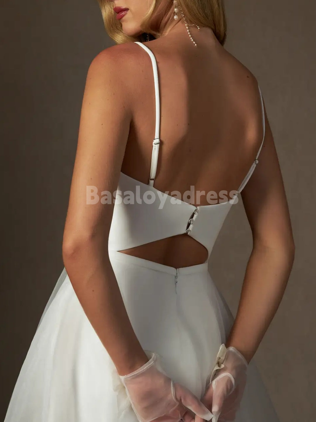 BWD00058 Light Ivory A-Line V-Neck Pleated Stretch Crepe Tulle Prom Dress Little White Knee-Length Wedding Dress