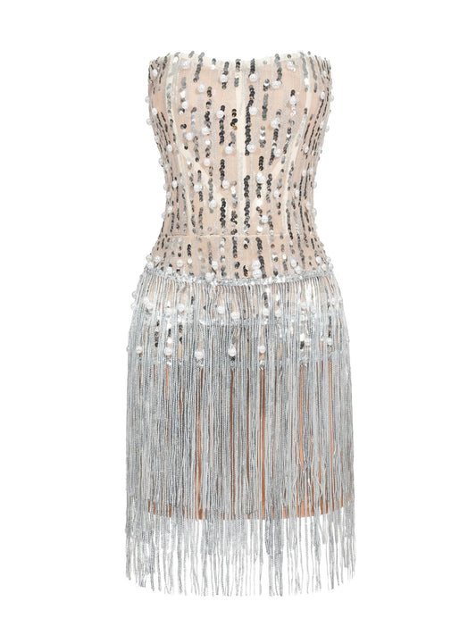 BSD00049 Pearl Sequin Tassel Cocktail Dress Nude Silver Off-the-shoulder Mini Corset Dress