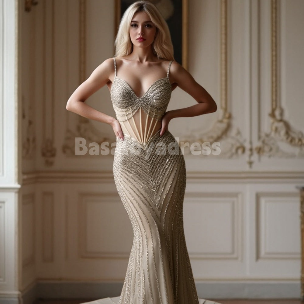 BDES00096 Sparkle Spaghetti Strap Pearls and Crystals Mesh Tulle Evening Dress For Women