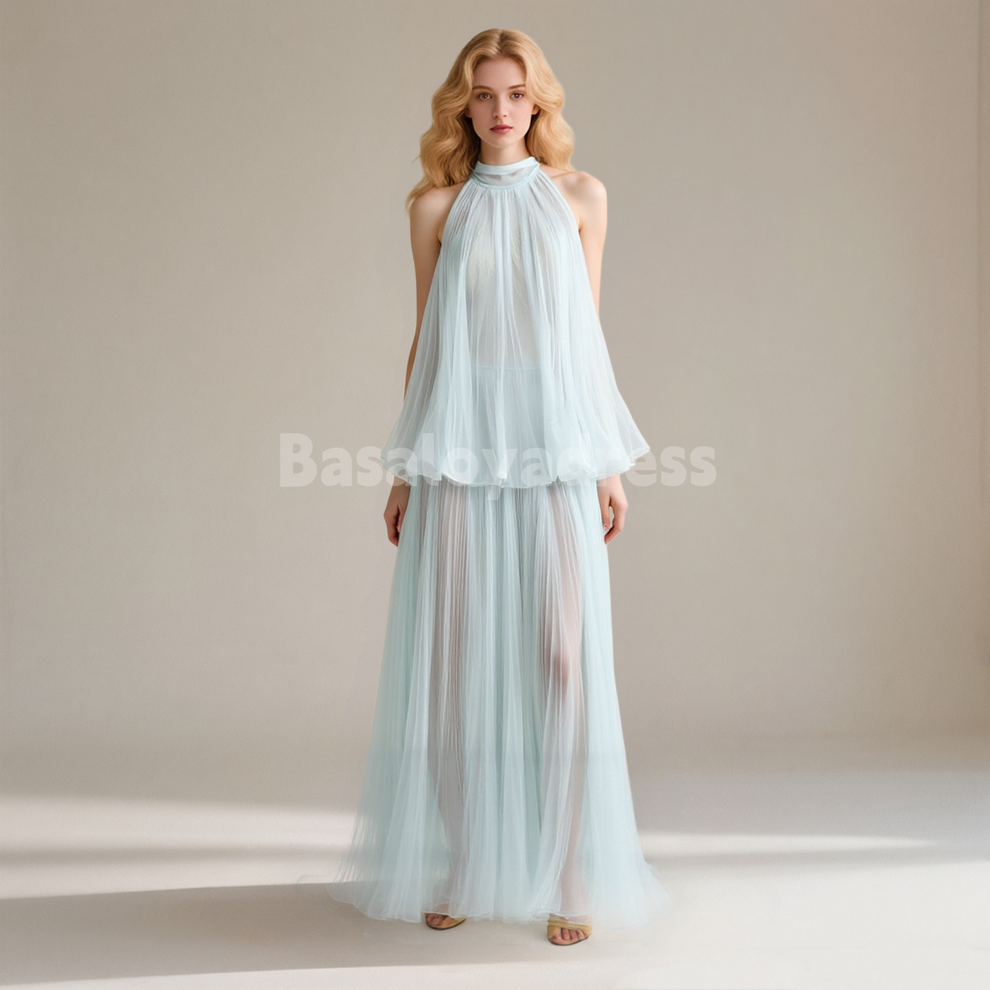 BDES00111 Elegant Tulle Maxi Dress High Neck Sleeveless Formal Party Dress A line Long Tiered Evening Dress Customized