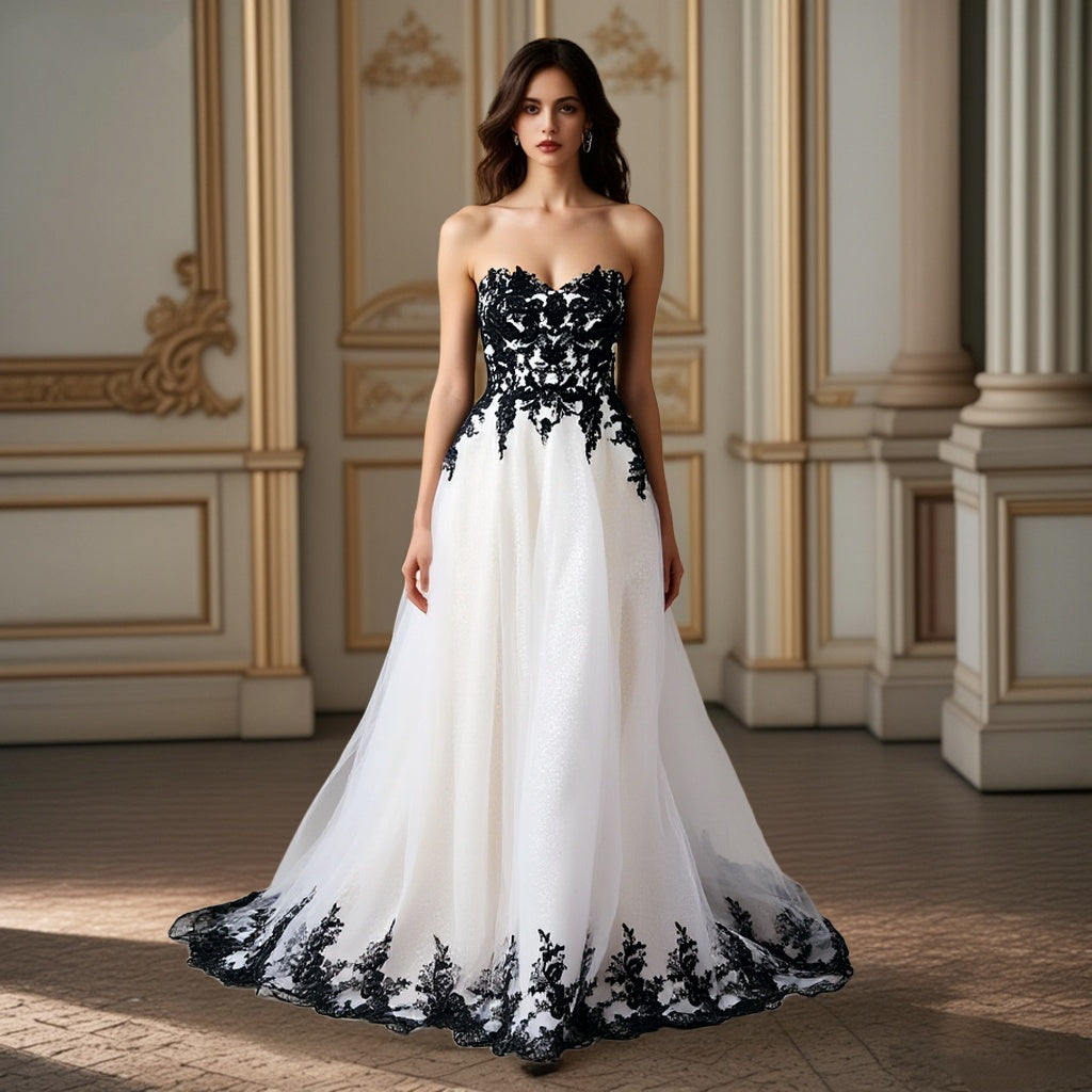 BWD00056 Gothic Black Champagne Sweetheart A-Line Lace Applique Tulle Wedding Dress