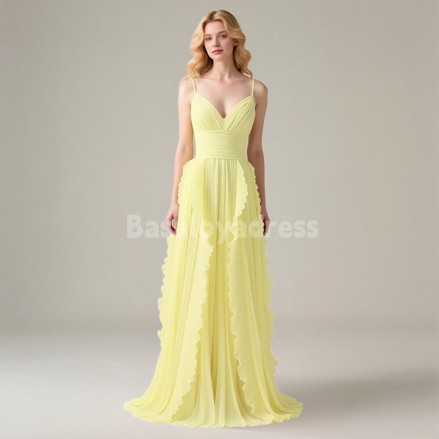 BDES00125 A Line Spaghetti Straps Chiffon Pleated Bridesmaid Dress Prom Dresses with Ruffles