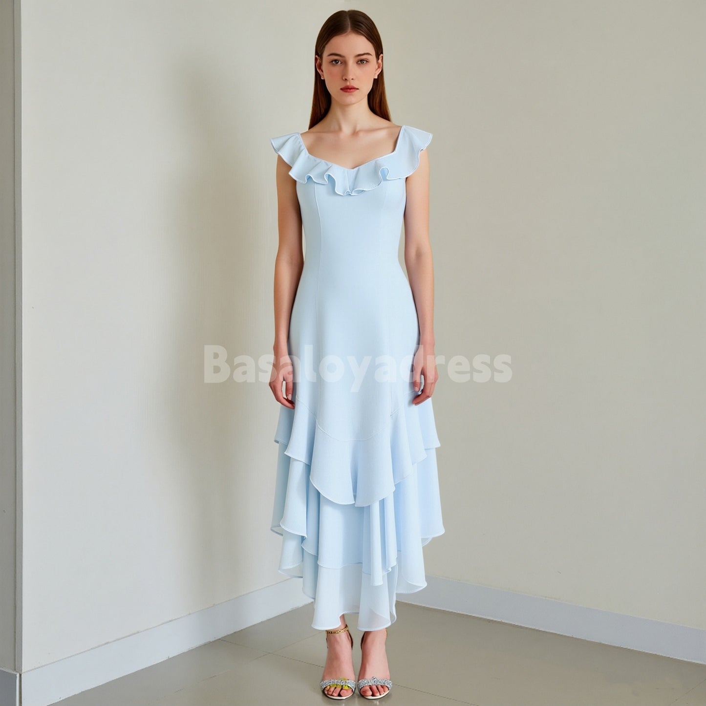 BDES00128 Sky Blue Chiffon A Line Bridesmaid Dress Tiered Asymmetrical Wedding Guest Dress with Ruffles