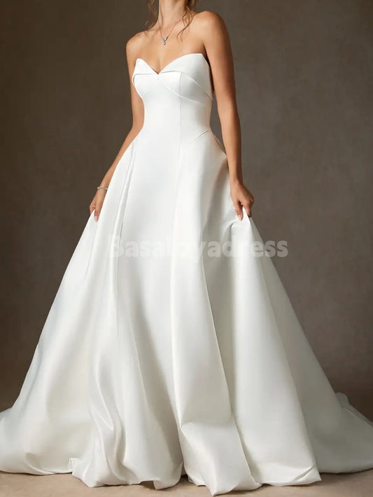 BWD00049 A-Line Strapless Sweetheart Satin Dress Basque-Waist Large Hem Wedding Gown
