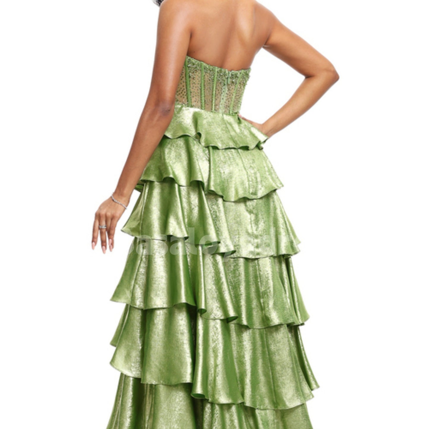 BDES00043 Green A-line Scoop Sweep Train Metallic Prom Dresses With Rhinestone Beading