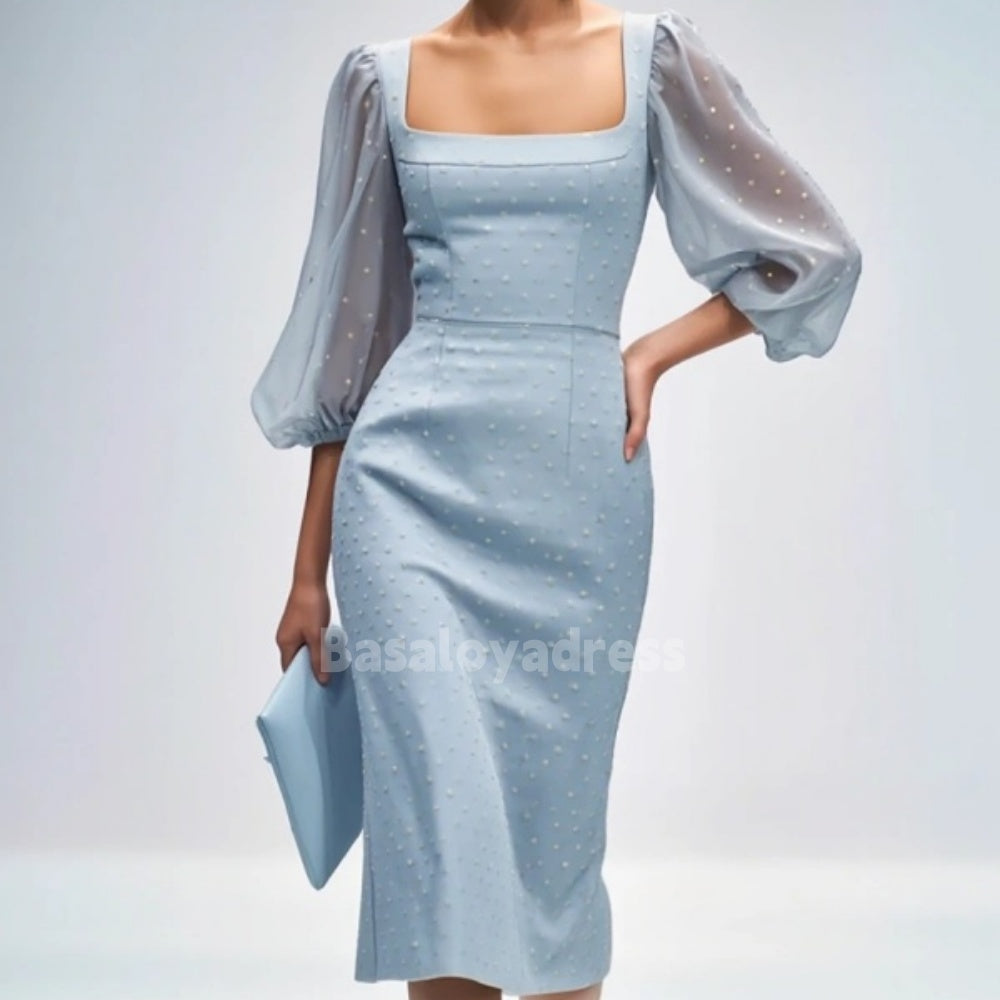 BDES00014 Sky Blue Square Neck Casual Semi-Formal Puff Sleeve Midi Dress with Pearls