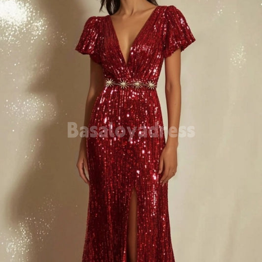 BDES00013 Holiday Party Red Mermaid Short Sleeves Bridesmaid Dresses V-Neck Sequins Maxi Prom Dress with Slit