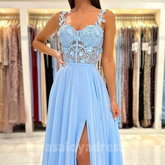 BDES00046 A-Line Sweetheart Sleeveless Floor-Length Chiffon Lace Applique Prom Dress with Leg Slits