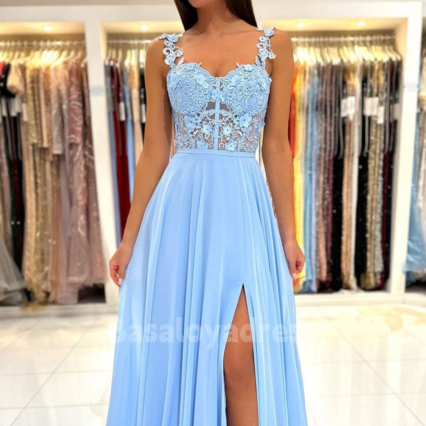 BDES00046 A-Line Sweetheart Sleeveless Floor-Length Chiffon Lace Applique Prom Dress with Leg Slits