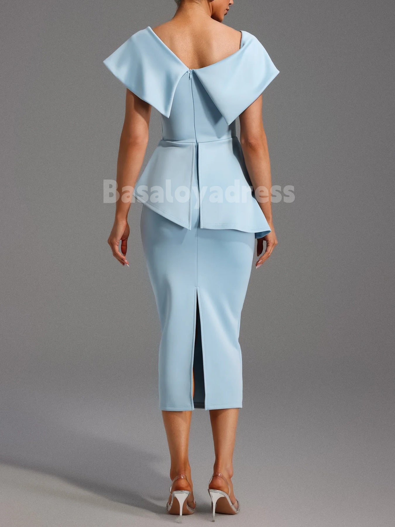 BDES00090 Elegant Women Sky Blue Dress Slant Neck Sleeveless Button Design Bodycon Midi Dress Evening Party Dress
