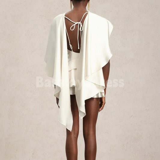 BSD00039 Ivory Satin Backless Sleeveless Layered Mini Dress Ruffled Mini Homecoming Dress with Cape