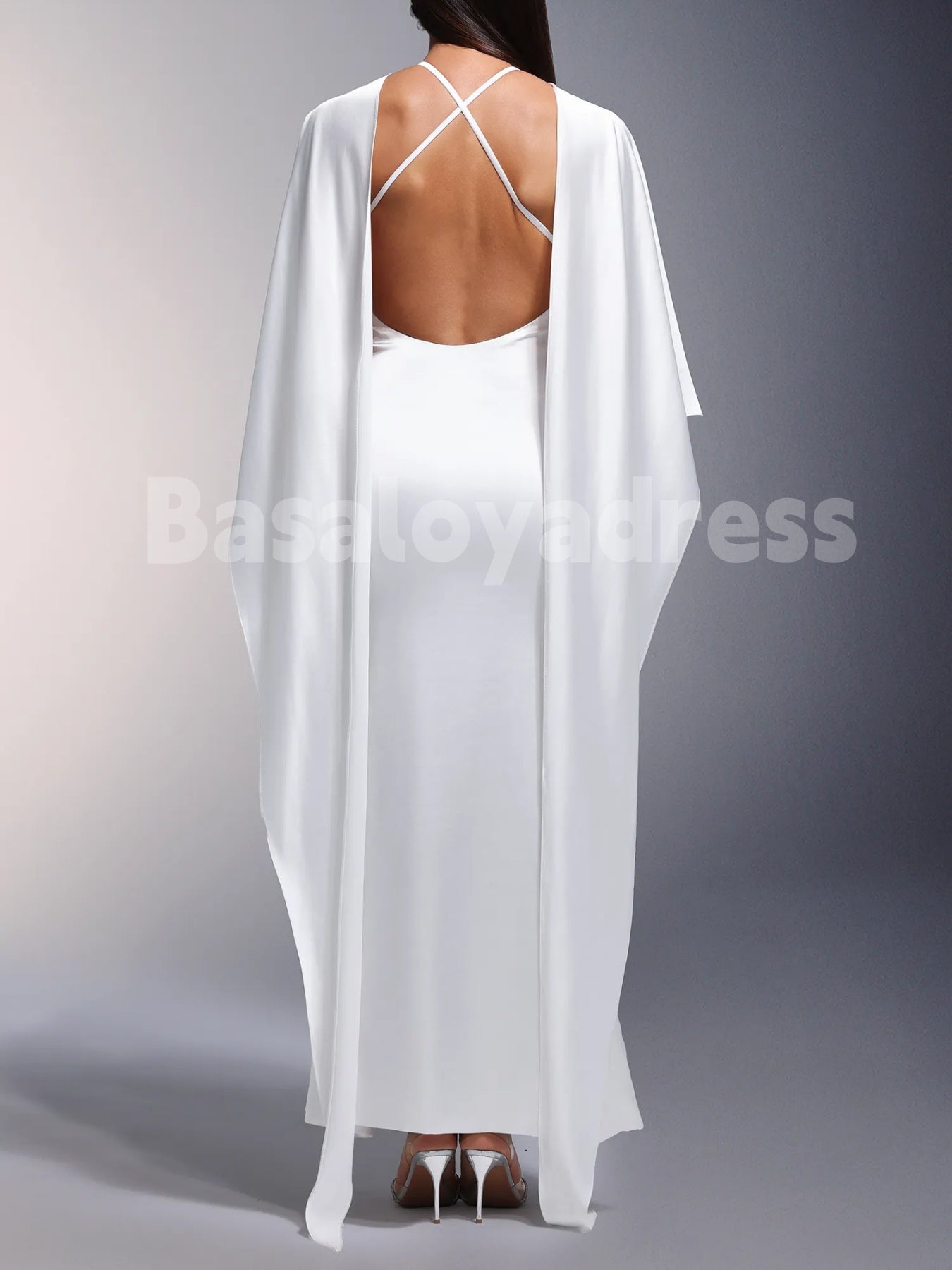 BDES00082 Elegant Women's White Draped Satin Backless Mermaid Maxi Dress With Cape