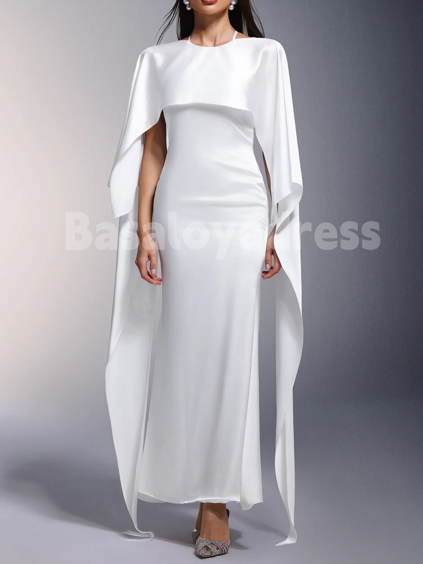 BDES00082 Elegant Women's White Draped Satin Backless Mermaid Maxi Dress With Cape