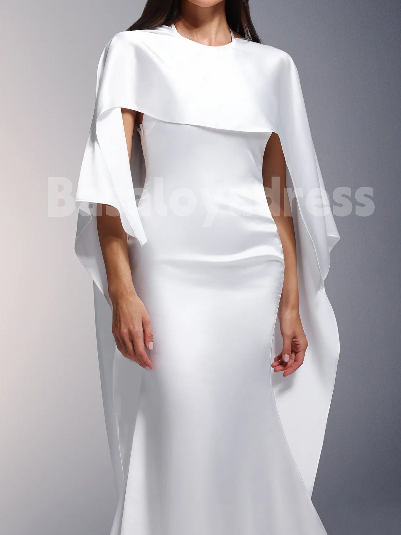 BDES00082 Elegant Women's White Draped Satin Backless Mermaid Maxi Dress With Cape