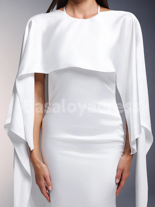 BDES00082 Elegant Women's White Draped Satin Backless Mermaid Maxi Dress With Cape