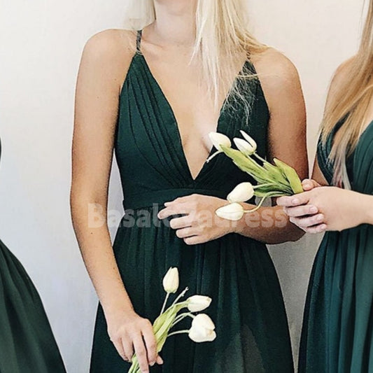 BDES00045 Chiffon Floor-length A-line V-neck Backless Pleated Bridesmaids Dress with Spaghetti Straps