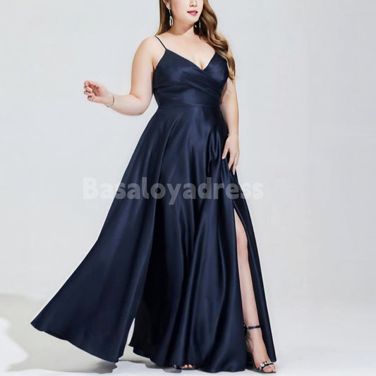 BDES00047 A-line V-Neck Floor-Length Satin Pleated Prom Dresses with Leg Slits for Plus Size Women