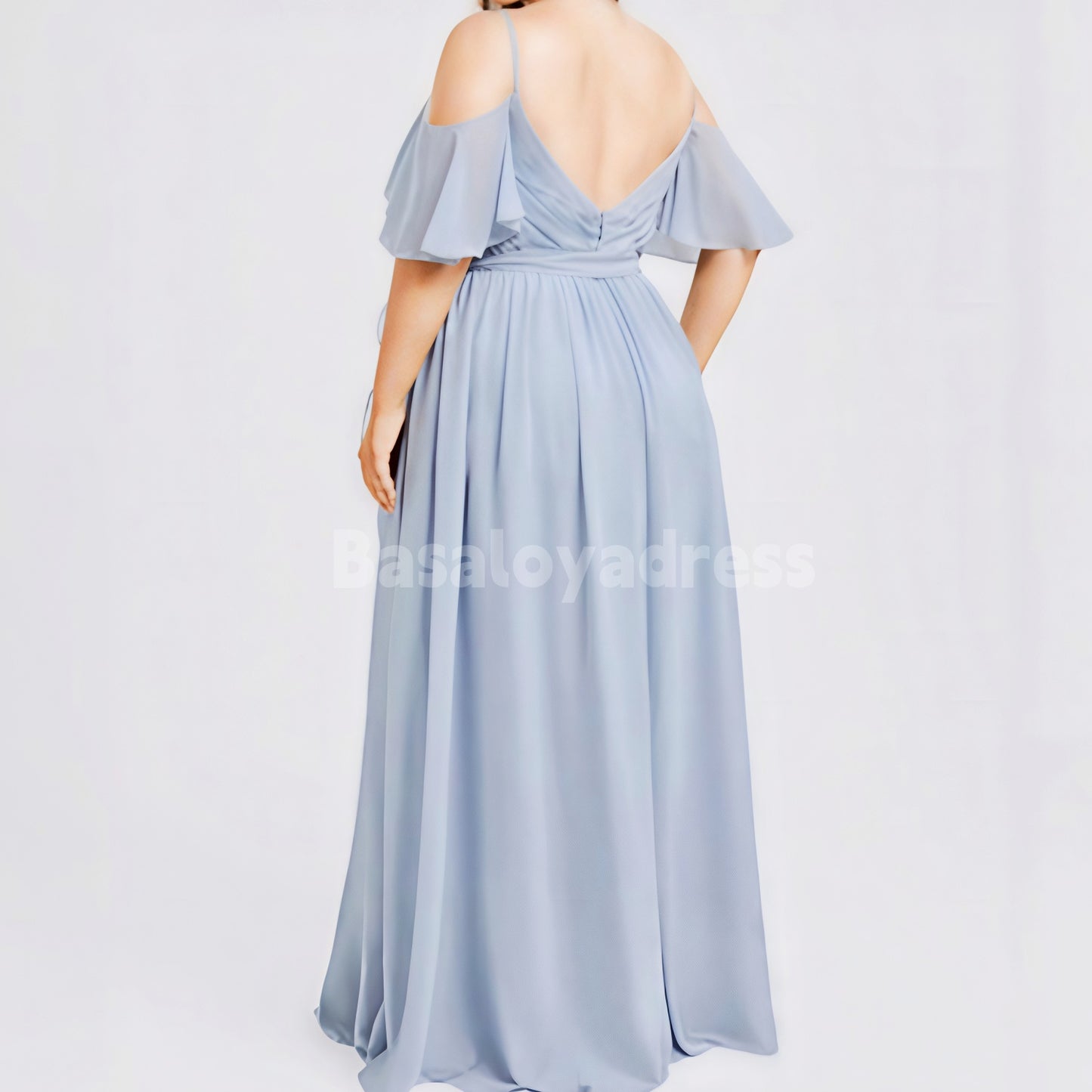 BDES00048 Plus Size A-line Off Shoulder Backless Floor-Length Chiffon Bridesmaid Dress With Ruffle