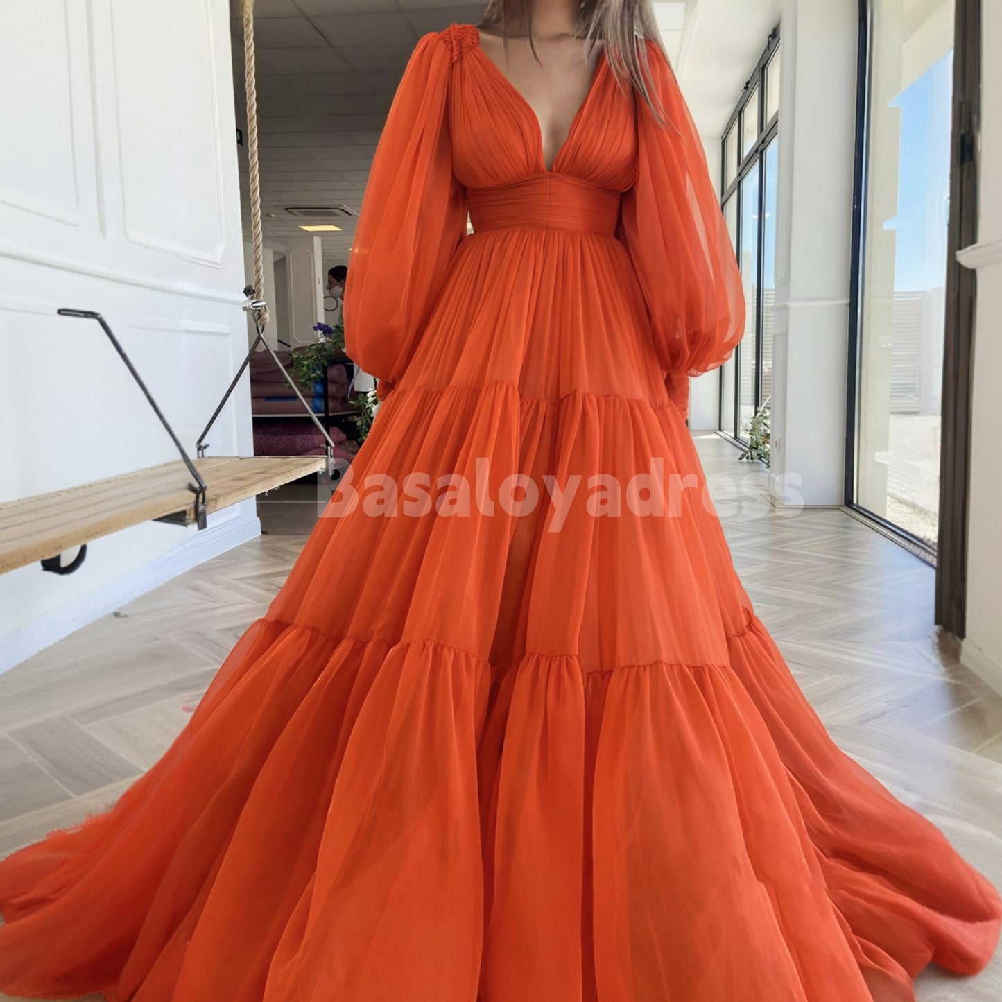 BDES00053 A-line Deep V-neck Waisted Loose Long Sleeve Floor-Length Chiffon Pleated Prom Dress