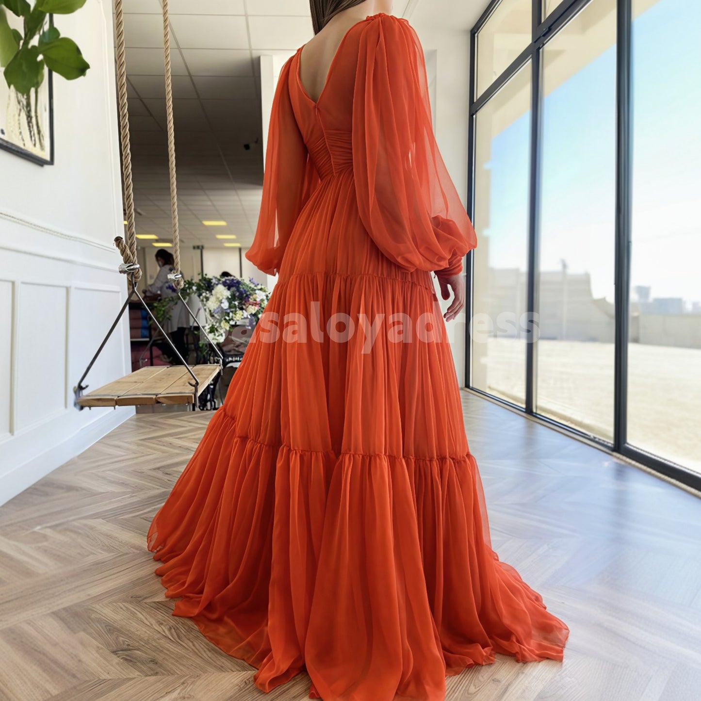 BDES00053 A-line Deep V-neck Waisted Loose Long Sleeve Floor-Length Chiffon Pleated Prom Dress