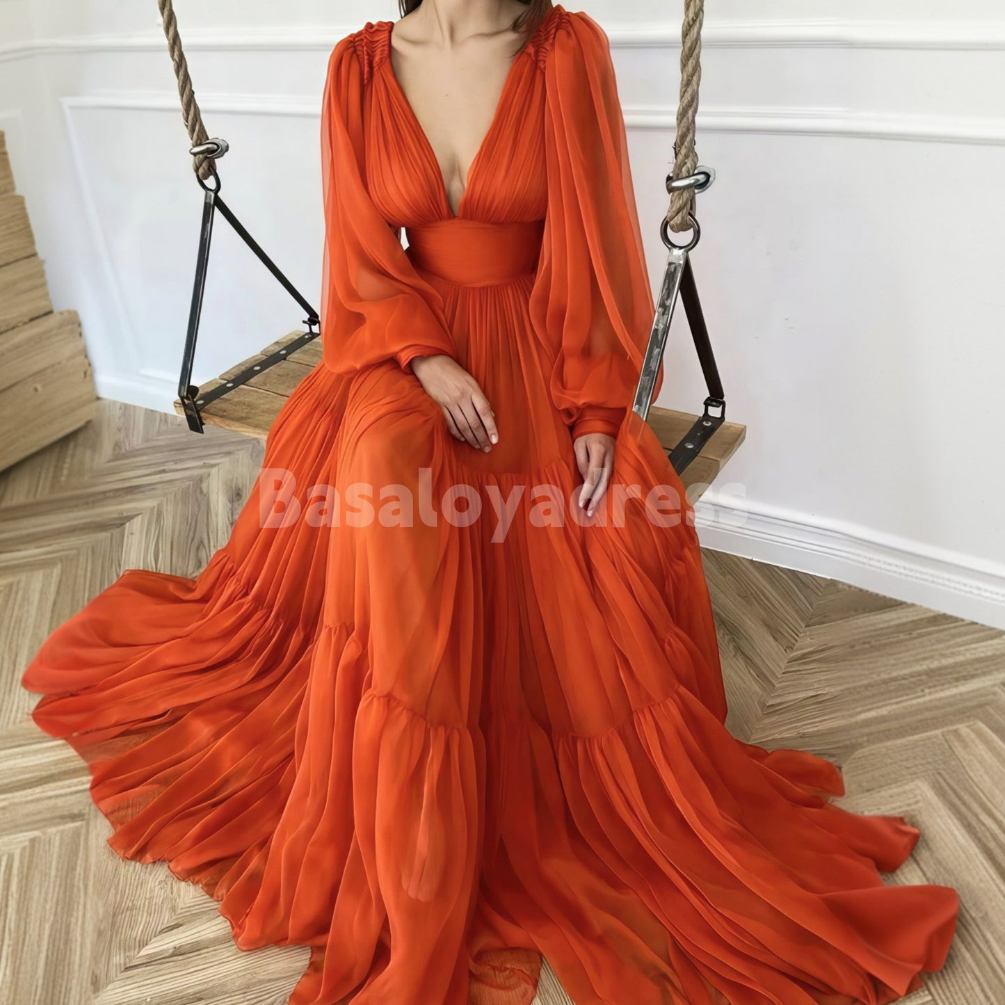 BDES00053 A-line Deep V-neck Waisted Loose Long Sleeve Floor-Length Chiffon Pleated Prom Dress