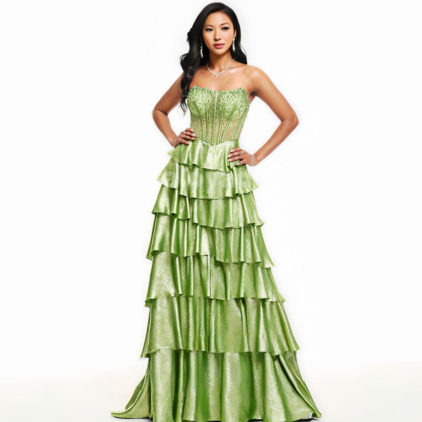 BDES00043 Green A-line Scoop Sweep Train Metallic Prom Dresses With Rhinestone Beading