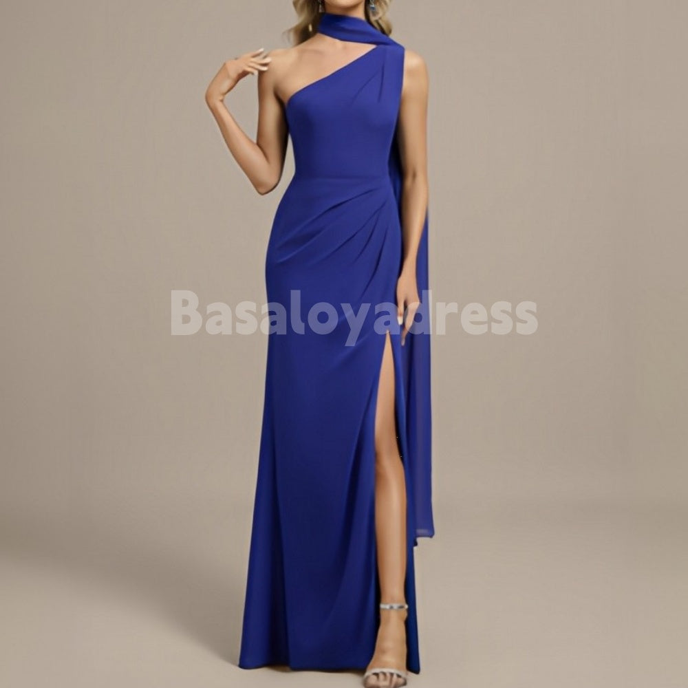 BDES00056 Royal Blue Trumpet/Mermaid Asymmetrical One Shoulder Floor-Length Chiffon Pleated Evening Dress with Cape on one side