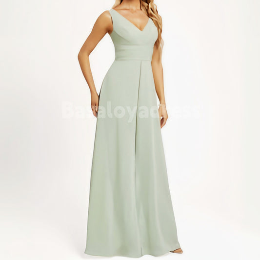 BDES00057 V-neck floor-length chiffon ruffled bridesmaid dress jumpsuit