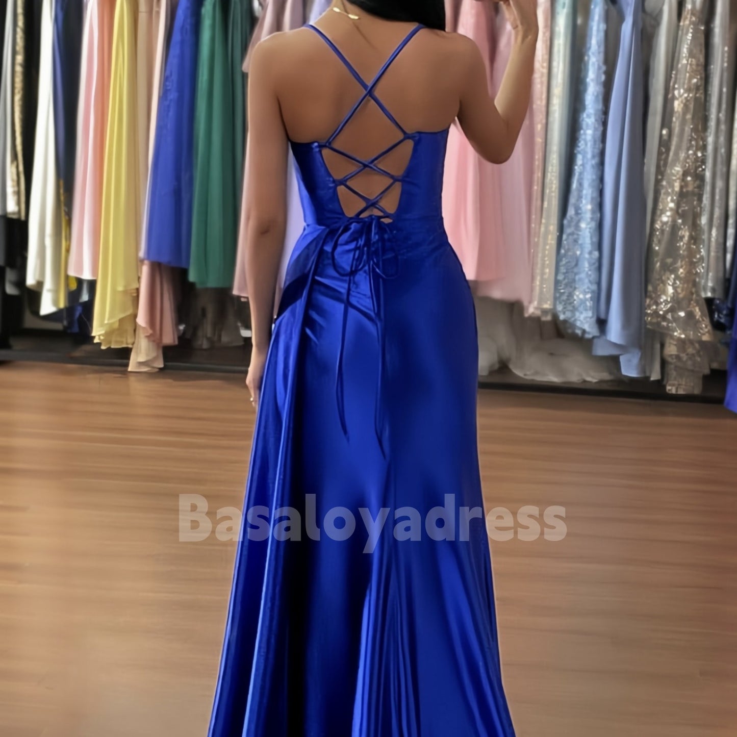 BDES00058 Trumpet/Mermaid Sweetheart Sleeveless Asymmetric Sweep Train Satin Ruched Prom Dress Leg Slit