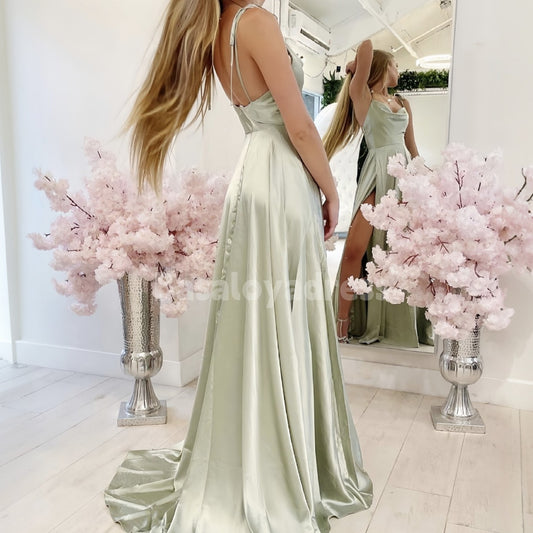 BDES00059 A-Line Satin Sleeveless Cowl Neck Long Spaghetti Strap Floor-Length Prom Dress with Pleated Slit