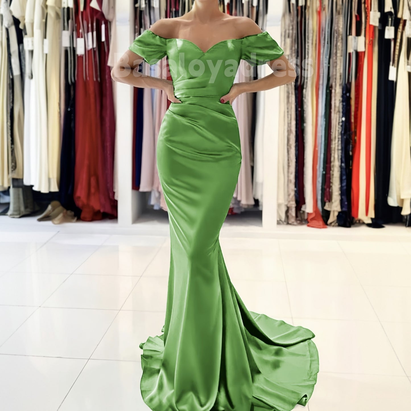 BDES00061 Green Mermaid Off-the-Shoulder Sweetheart Neckline Short Sleeve Satin Sweep Train Prom Dress With Pleated