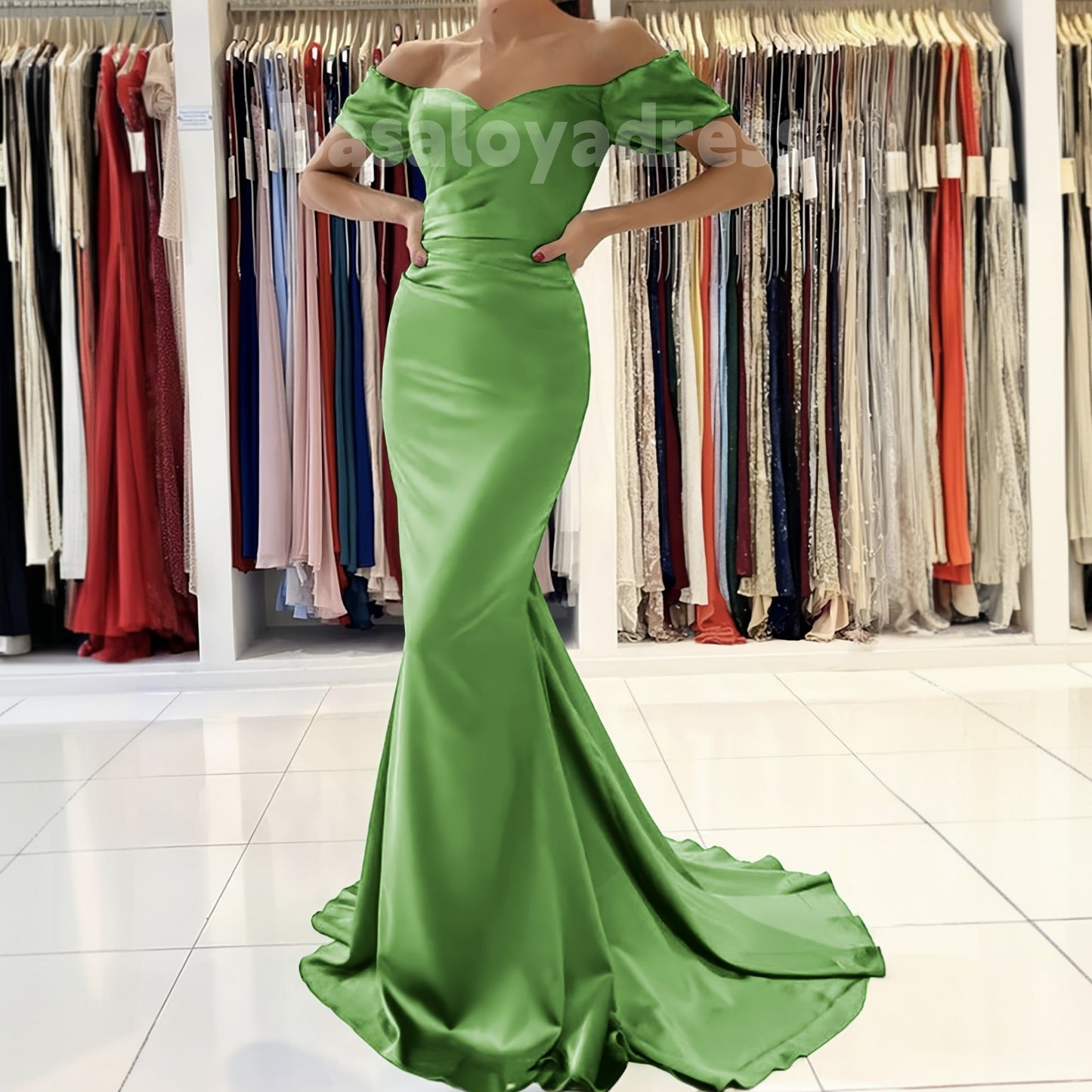 BDES00061 Green Mermaid Off-the-Shoulder Sweetheart Neckline Short Sleeve Satin Sweep Train Prom Dress With Pleated