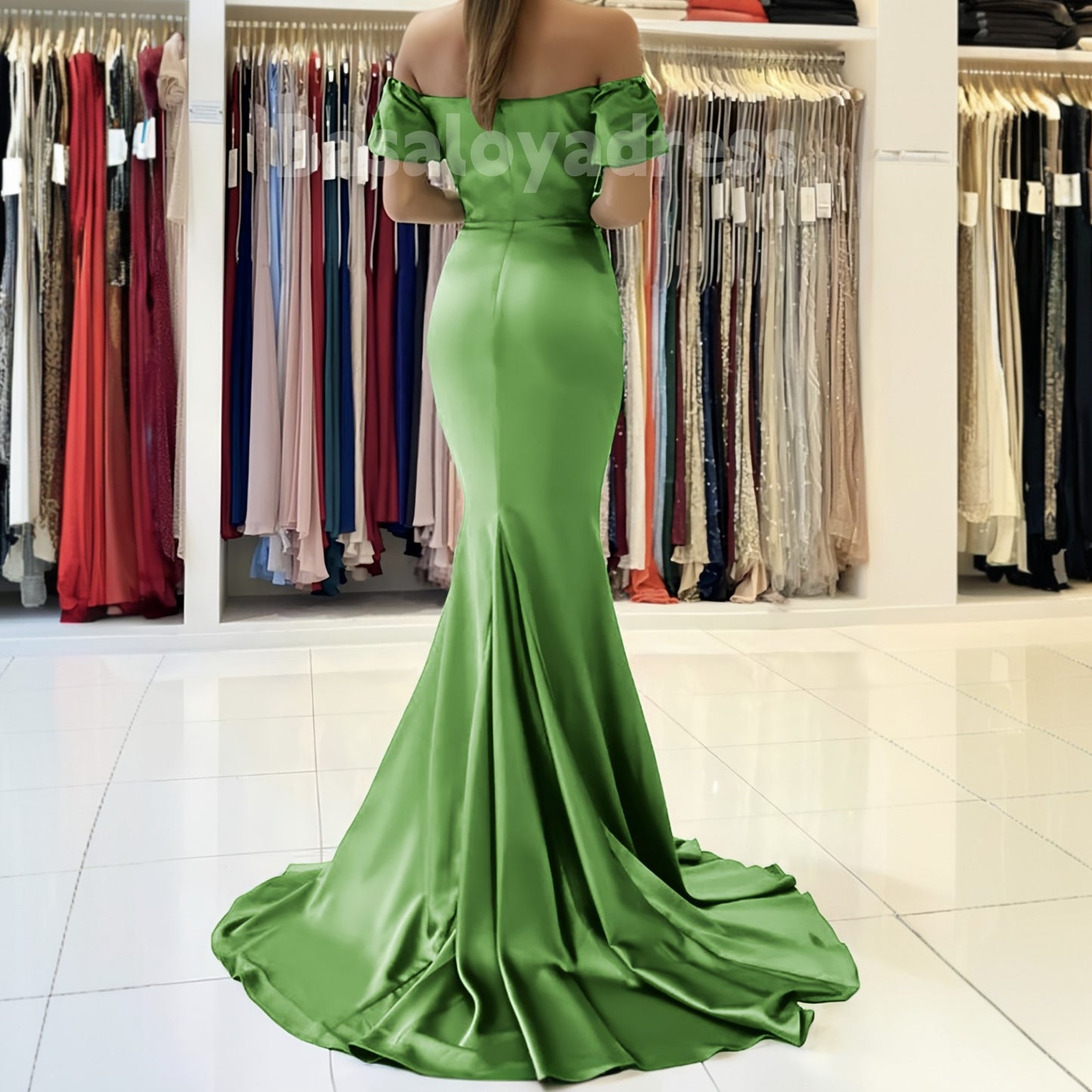BDES00061 Green Mermaid Off-the-Shoulder Sweetheart Neckline Short Sleeve Satin Sweep Train Prom Dress With Pleated