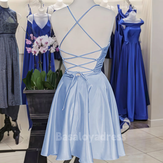 BSD00030 A-line V Neck Sleeveless Backless Lace-up Short/Mini Charmeuse Homecoming Dress with Pleated