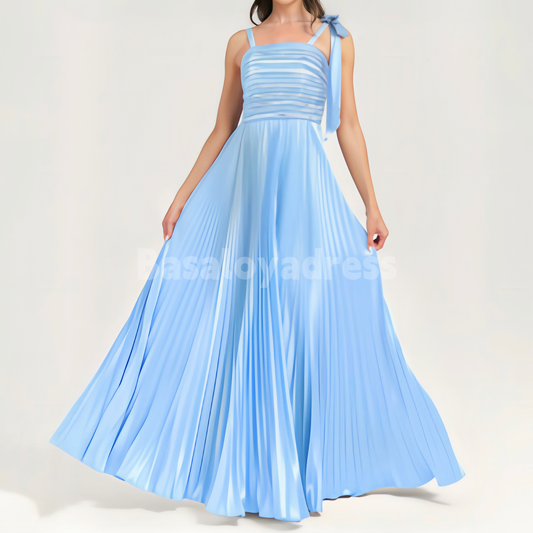 BDES00072 Chic A Line Neck Blue Long Party Dress Satin Bridesmaid Dress With Bow Pleated