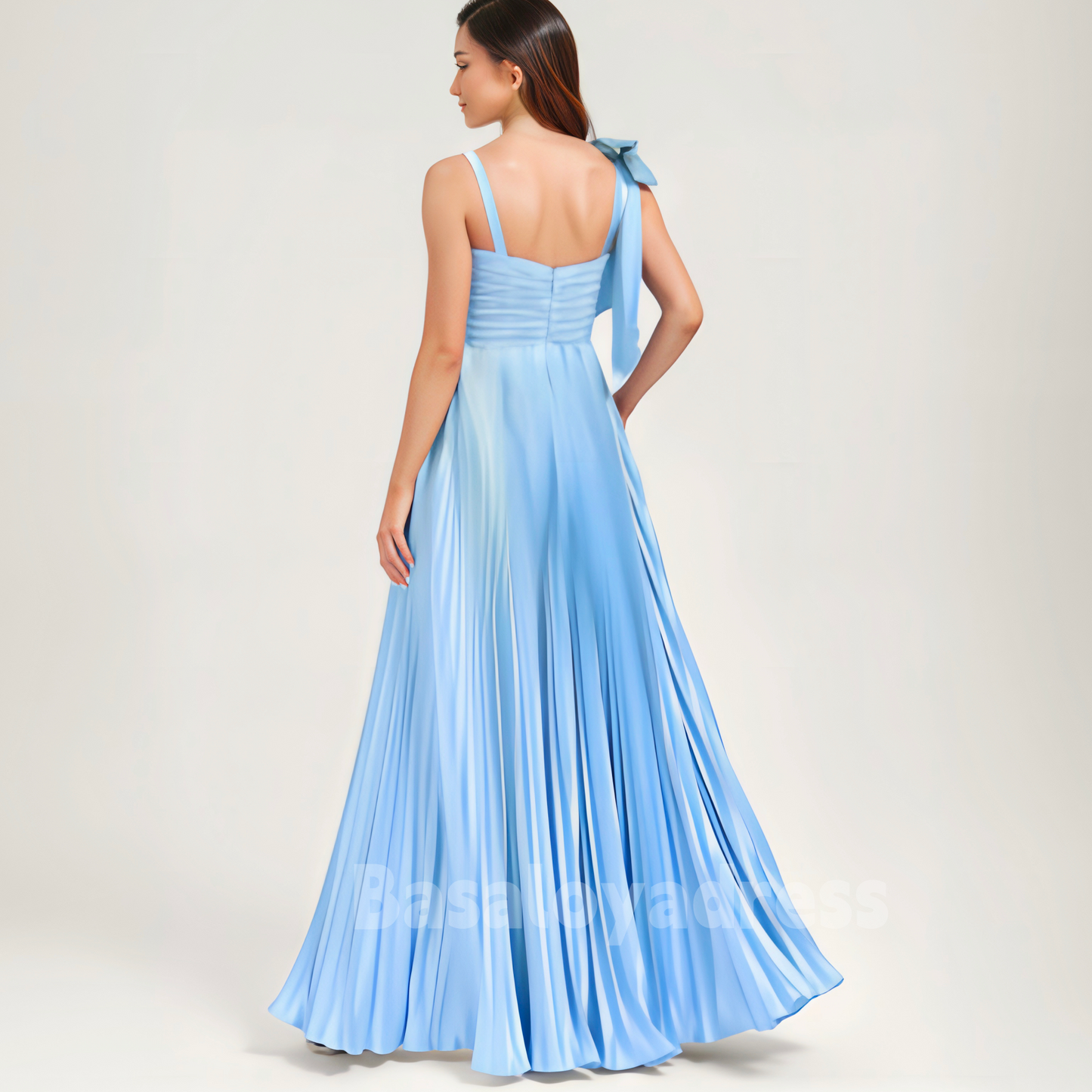 BDES00072 Chic A Line Neck Blue Long Party Dress Satin Bridesmaid Dress With Bow Pleated