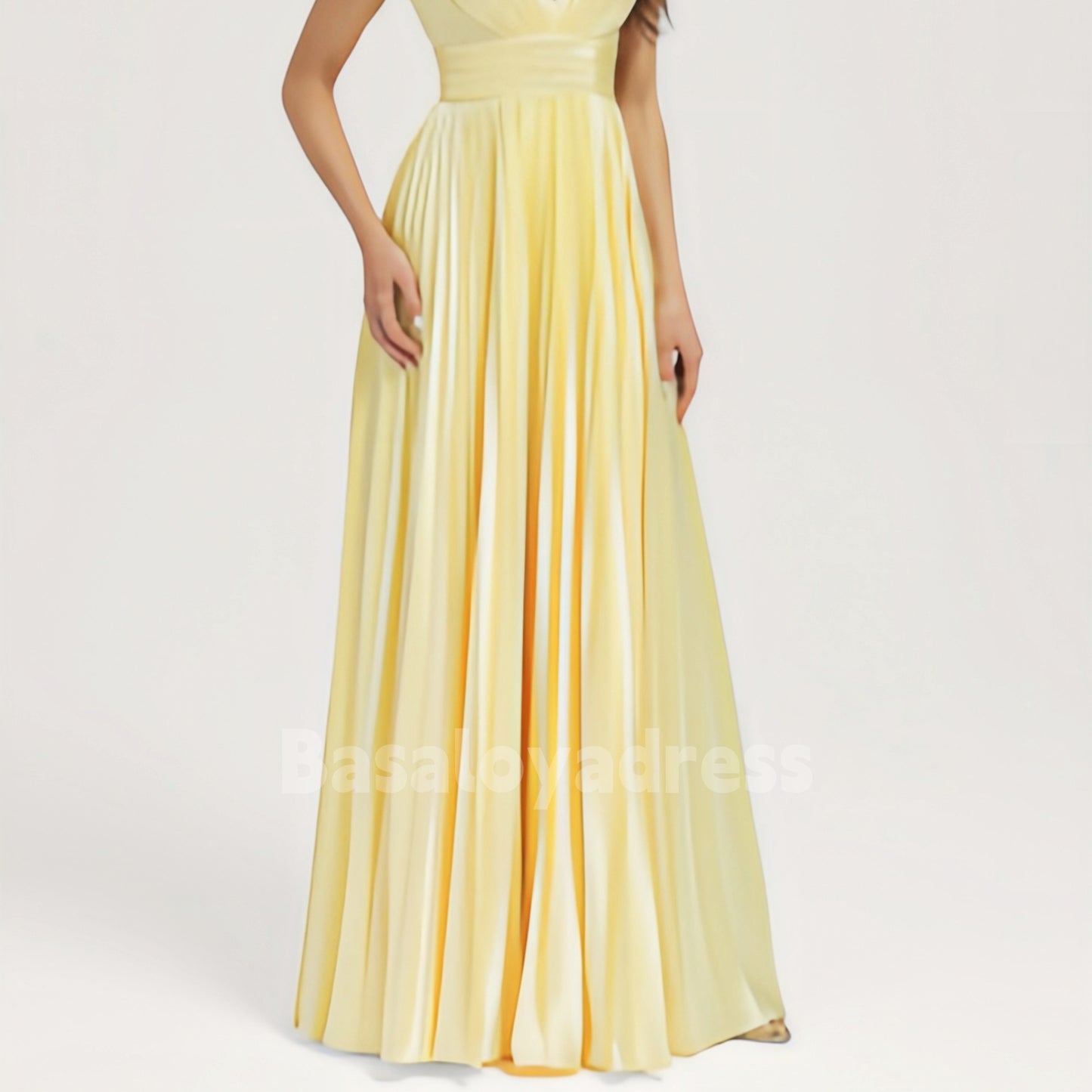 BDES00068 Light Yellow Gentle A-line V-Neck Floor-Length Stretch Satin Bridesmaid Dress With Pleated