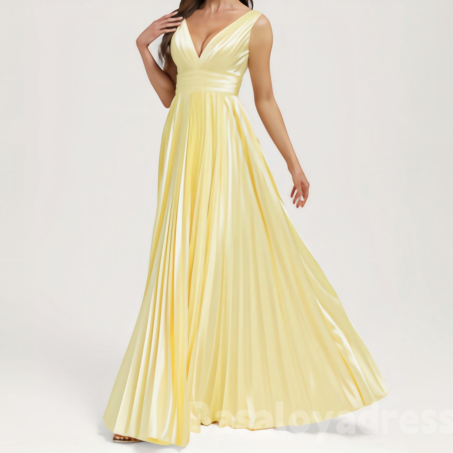BDES00068 Light Yellow Gentle A-line V-Neck Floor-Length Stretch Satin Bridesmaid Dress With Pleated