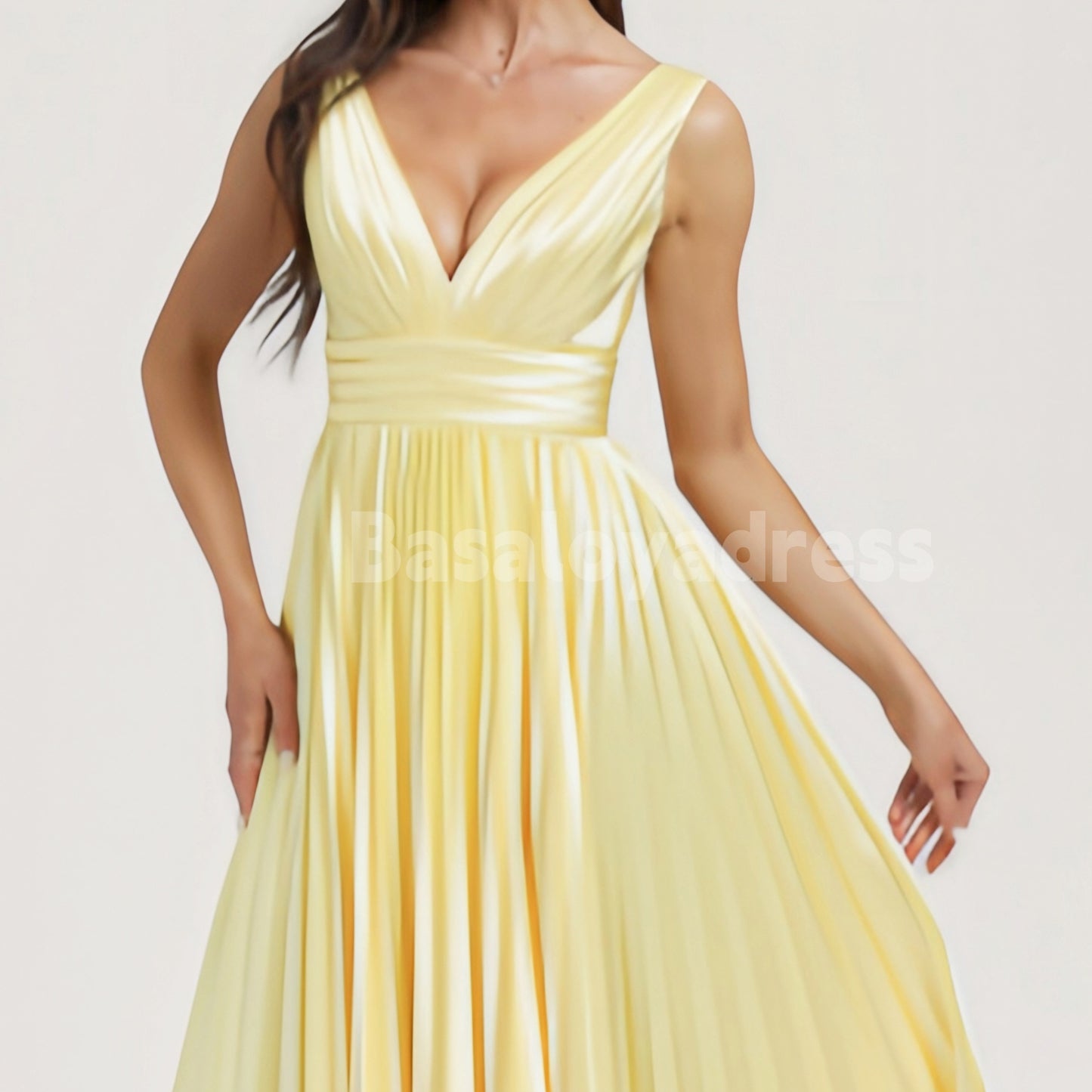 BDES00068 Light Yellow Gentle A-line V-Neck Floor-Length Stretch Satin Bridesmaid Dress With Pleated