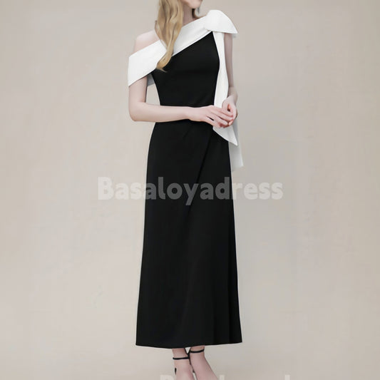 BDES00067 A-line One Shoulder Bowknot Pleated 1920s Inspired Evening Dress Ankle-Length Stretch Crepe Dress