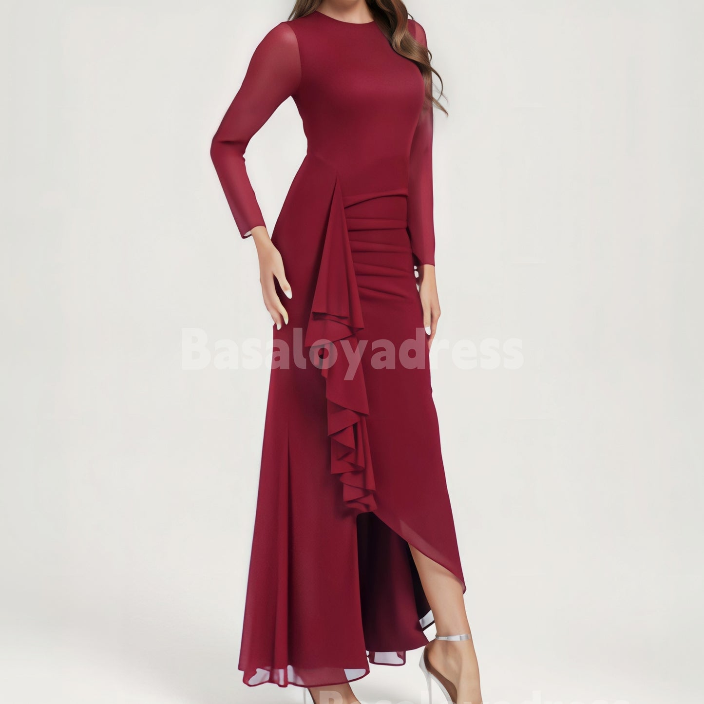 BDES00071 Trumpet/Mermaid Scoop Long Sleeve Maxi Dress Bridesmaid Dress With Ruffle Ruched