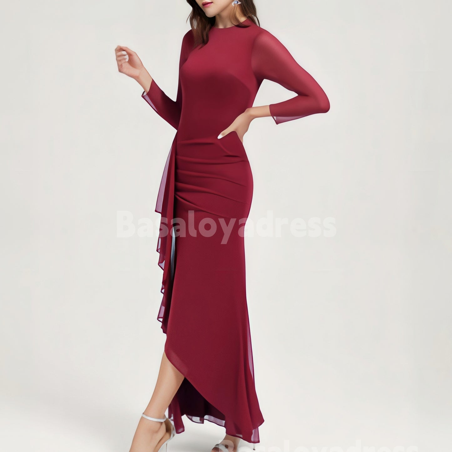 BDES00071 Trumpet/Mermaid Scoop Long Sleeve Maxi Dress Bridesmaid Dress With Ruffle Ruched